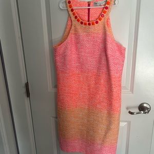 Trina Turk size 4 orange, pink, white tweed dress with beading at the collar.